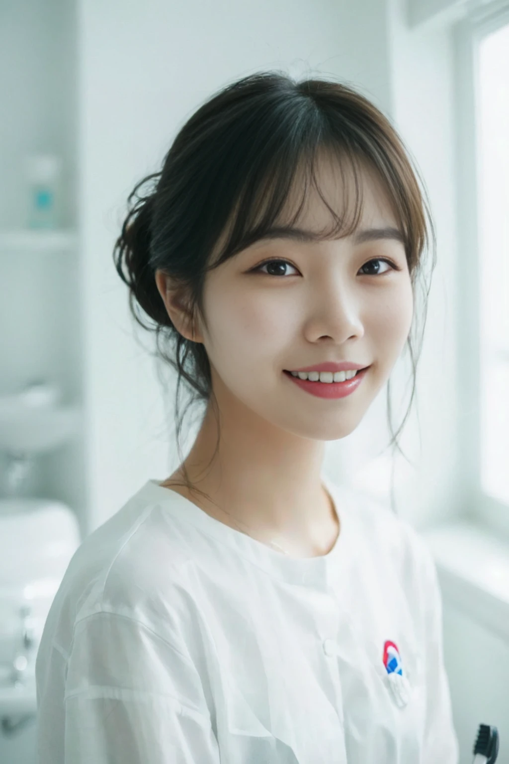 there is a woman with a white shirt and a toothbrush, beautiful young Korean woman, smiling, 