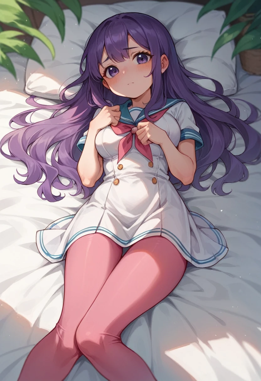 pink leggings,****,sailor,dress,cute,lying,,purple hair,long hair,,shy,medium breasts