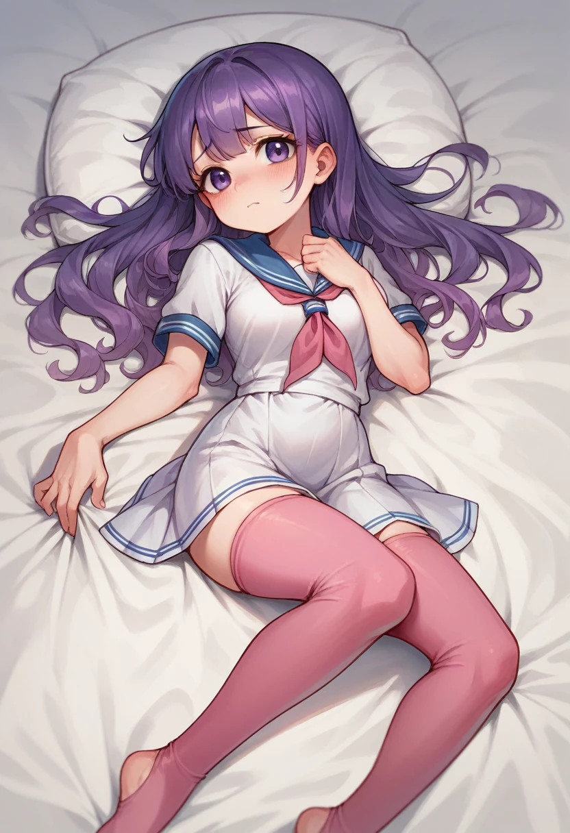 pink leggings,****,sailor,dress,cute,lying,,purple hair,long hair,,shy,medium breasts