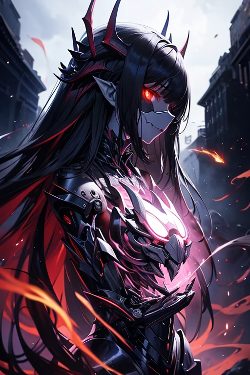 Slender woman、Big eyes、Long Hair、A mask that covers half the face、A mechanical exoskeleton that resembles a fusion of a living creature and a dragon.、Multiple arms、A mechanical angel standing in the way of humanity on the day of catastrophe