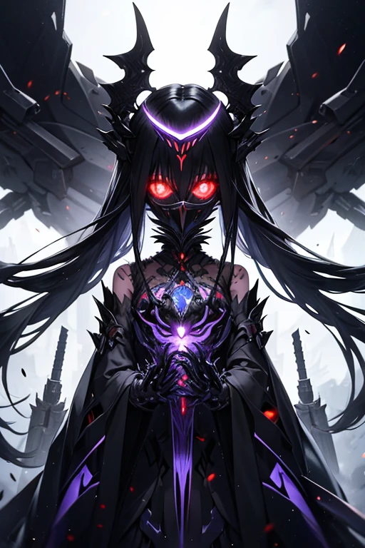 Slender woman、Big eyes、Long Hair、A mask that covers half the face、A mechanical exoskeleton that resembles a fusion of a living creature and a dragon.、Multiple arms、A mechanical angel standing in the way of humanity on the day of catastrophe