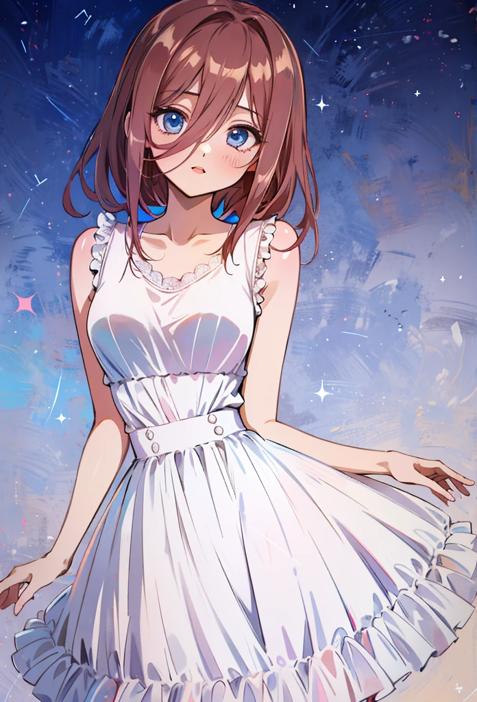 score_9, score_8_up, score_7_up, score_6_up, source anime, akihcipnxl, (1 girl) Sfw, Miku nakano, pretty age girl with fluffy long pink brown hair, heart shaped lips and blue eyes making a cute face, aamiku, Nakano Miku from The Quintessential Quintuplets, Miku Nakano, masterpiece, 4k, ultradetailed, cowboy shot, nakano Miku, pink red brown hair, blue eyes, sparkling eyes, night wear, white minimal simple nightwear matching set, white iridescent matching set, white satin and lace night vest, white satin and lace tank top with thin shoulder straps, white satin light night skirt, minimal outfit, simple outfit, all white outfit, full body, dynamic pose, moving, dynamism, hair between eyes, nightwear, starry sky behind her, night sky, pretty stars