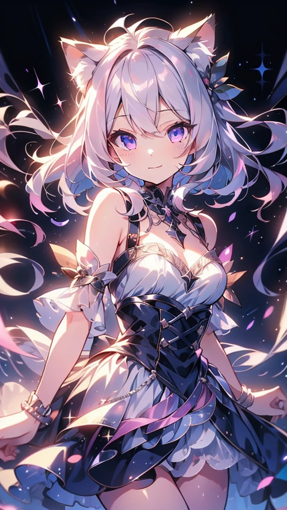Highly detailed face,fine grain,Sparkling eyes,Highlighted eyes,Medium chest,pretty girl, bewitching smile,Longing eyes,Cat ear, Beautiful silver hair,Pink inside,Beautiful pink eyes,