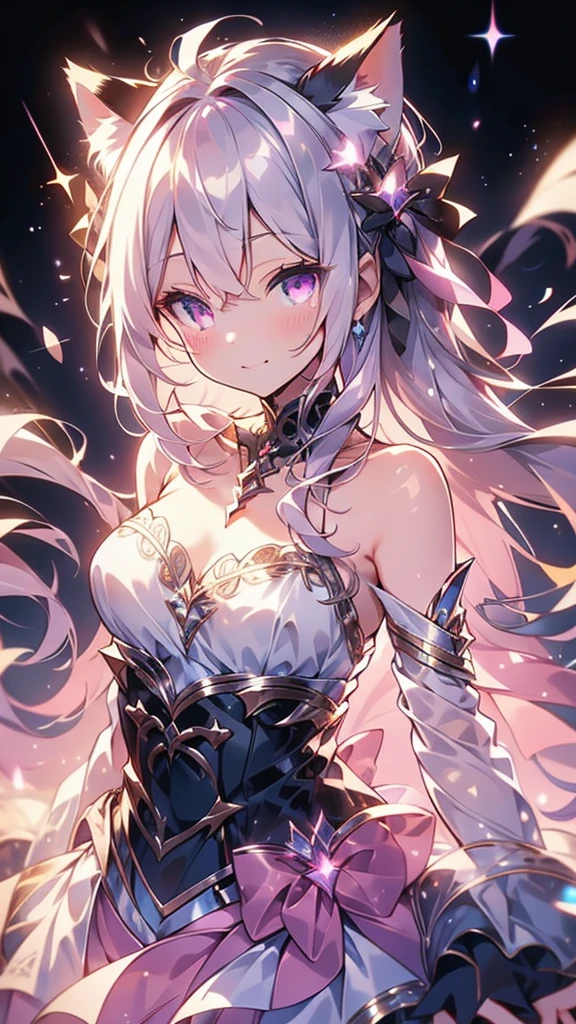 Highly detailed face,fine grain,Sparkling eyes,Highlighted eyes,Medium chest,pretty girl, bewitching smile,Longing eyes,Cat ear, Beautiful silver hair,Pink inside,Beautiful pink eyes,