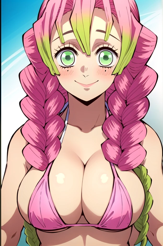(masterpiece, best quality), intricate details,
MitsuriKanroji, kanroji mitsuri, 1girl, solo, long hair, winking, green eyes, pink hair, braid, green hair, twin braids, smile, cute smile, blushed smile, blush, blushing, large breast, huge breasts, bikini top, headshot, collarbone, neck, bare shoulders, pink bikini top, cleavage, in frame, peeker, top angle, shot from above, head shot, perfect shot, plain background, white background, photoshoot, complete head in frame, top of head