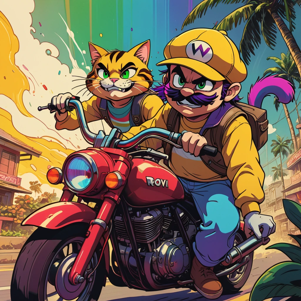 duo top cat and wario riding motorcycles, comic cinematic poster, image within image, multiple exposure, massive scale, rich color grading for shading depth, hand drawn rotoscope cartoon realism, chiaroscuro lighting, mixed media, vintage comic, retro original design, 1990's comic set in 1960's, sense of movement and energy, tropical rot, rewilding, (full roygbiv color) ink, VHS, glitch, distorted, nostalgia, 90's retro vibes, analog tape, vcr aesthetics, tv, television, hand drawn, (full roygbiv color) ink charcoal expressive illustration, no light source, darkness, light mask uv rays across face, splash page