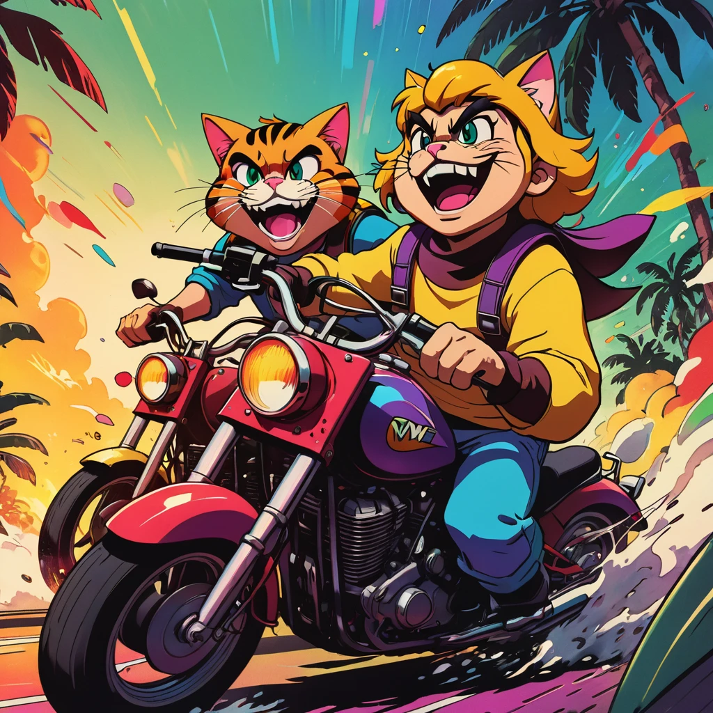 duo top cat and wario riding motorcycles, comic cinematic poster, image within image, multiple exposure, massive scale, rich color grading for shading depth, hand drawn rotoscope cartoon realism, chiaroscuro lighting, mixed media, vintage comic, retro original design, 1990's comic set in 1960's, sense of movement and energy, tropical rot, rewilding, (full roygbiv color) ink, VHS, glitch, distorted, nostalgia, 90's retro vibes, analog tape, vcr aesthetics, tv, television, hand drawn, (full roygbiv color) ink charcoal expressive illustration, no light source, darkness, light mask uv rays across face, splash page