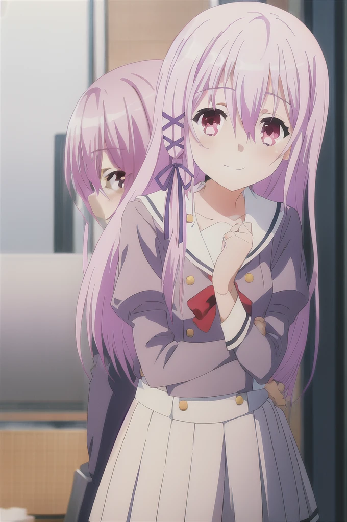 Kisara, in the kitchen, leaning forward with her hands behind her back, looking at the viewer with a charming and shy smiling gaze.