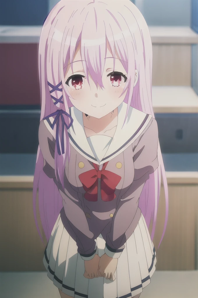 Kisara, in the kitchen, leaning forward with her hands behind her back, looking at the viewer with a charming and shy smiling gaze.