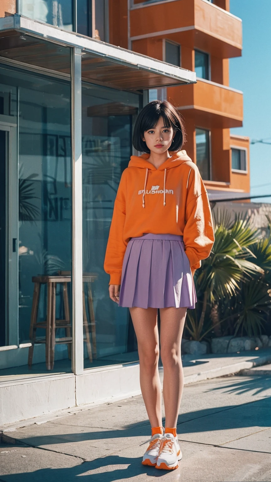 portrait of a serious 23 yo girl, plum body ,wear ((orange color oversized hoodie)), wear ((purple tennis skirt)),looking front,Best Quality,Masterpiece,Ultra High Resolution,(Realisticity:1.4),Original Photo, 1Girl, light leak,ultra high resolution,UHD,beautiful, (black bob hair), almond eye, no makeup, in front of (80's mondrian architecture motel), (realistic:1.2), (surreal:1.3), (very detailed:1.1), ((masterpiece)),summer, blue sky, palm trees,sunny, los angles vibes,film camera, 800mm lens,style of Philip Lorca diCorcia