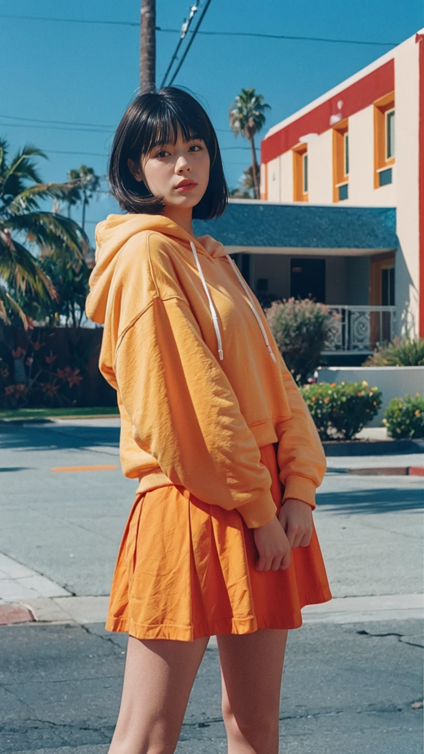 long shot portrait of cute 23 yo girl, happy body shape ,wear ((orange color oversized hoodie)), wear ((purple tennis skirt)),looking front,Best Quality,Masterpiece,Ultra High Resolution,(Realisticity:1.4),Original Photo, 1Girl, light leak,ultra high resolution,UHD,beautiful, (black bob hair), almond eye, no makeup, in front of (80's mondrian architecture motel), (realistic:1.2), (surreal:1.3), (very detailed:1.1), ((masterpiece)),summer, blue sky, palm trees,sunny, los angles vibes,film camera, 800mm lens,style of Philip Lorca diCorcia