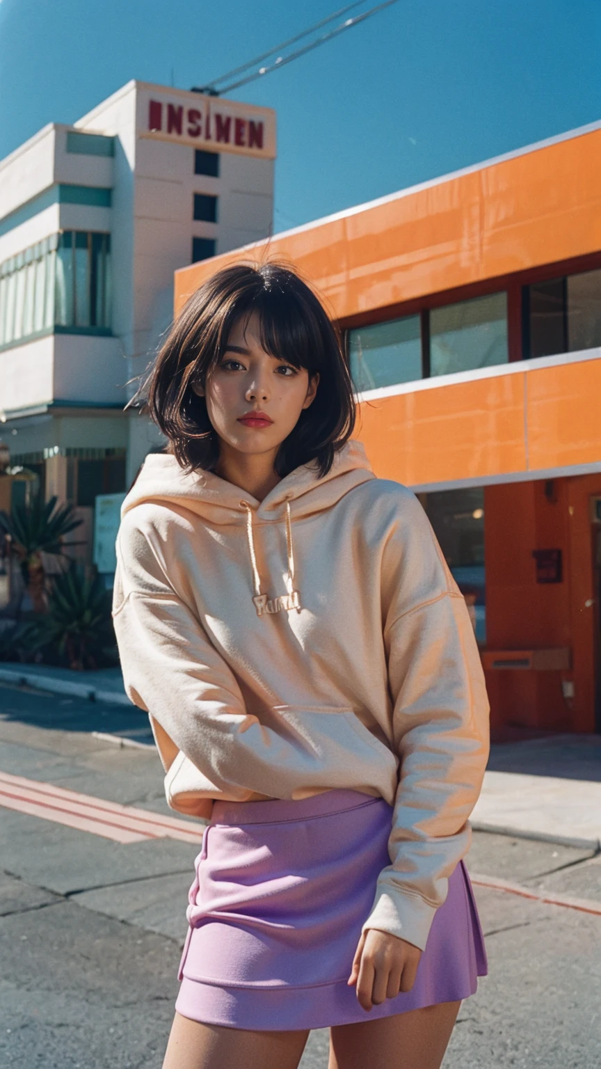 portrait of a serious 23 yo girl, plum body ,wear ((orange color oversized hoodie)), wear ((purple tennis skirt)),looking front,Best Quality,Masterpiece,Ultra High Resolution,(Realisticity:1.4),Original Photo, 1Girl, light leak,ultra high resolution,UHD,beautiful, (black bob hair), almond eye, no makeup, in front of (80's mondrian architecture motel), (realistic:1.2), (surreal:1.3), (very detailed:1.1), ((masterpiece)),summer, blue sky, palm trees,sunny, los angles vibes,film camera, 800mm lens,style of Philip Lorca diCorcia