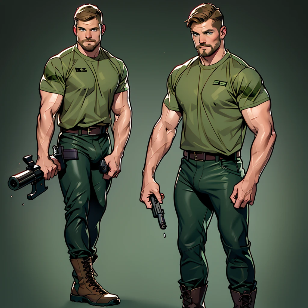 1 man, male focus solo, middle aged man,Stephen AMELL as an army man, lean muscle,dark green T shirt, brown leather belt and boots, green(( camouflage tactical pants)) with ((big bulge)), full body shot, dark blond short hair, well groomed facial hair, holding a gun with one hand, (gun:1.2), ultra high quality, masterpiece, ,( intense splashed of dark green and brown paint in the blackground)