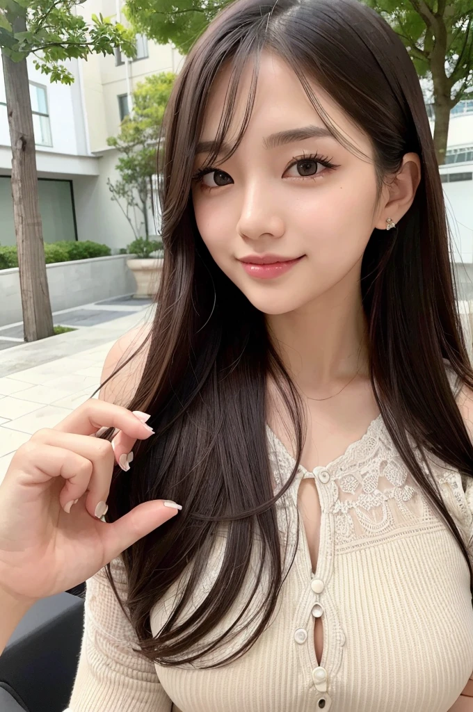 4K Ultra Resolution、Beauty、One Woman、Dark Brown Hair:1.1、Highly detailed face、Lips detail、important、(Eyes meet)、double eyelid、Princess Eyes、Beautiful Japanese Women、Beautiful Japanese Women、Sensual lips、Bewitching body、Bust size 82、Standing in an exciting pose facing forward with natural body balance、20th Generation、(23 years old)、far and near method、 A meticulous Japanese woman、Dress、Wearing a delicate, erotic and stylish bodycon dress、Hair blowing in the wind、Important(The detailed numbers and shapes of hands)、I can see your chest、Crisp images、The delicate sparkle of the eyes、Outside, people are drinking tea on a small Western-style terrace.、Sit facing forward on a stylish chair、Beautiful breasts with detailed details、color々Hair style、Smiling with a nice smile、