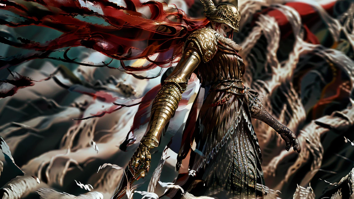 Close-up of a woman with a sword, standing in front of the building, epic light novel cover, epic light novel cover, dark fantasy art, Epic Fantasy HD Style, 2. 5 d cgi anime fantasy work of art, very beautiful berserk woman, Epic fantasy in digital art style, red-haired Templar, anime epic work of art