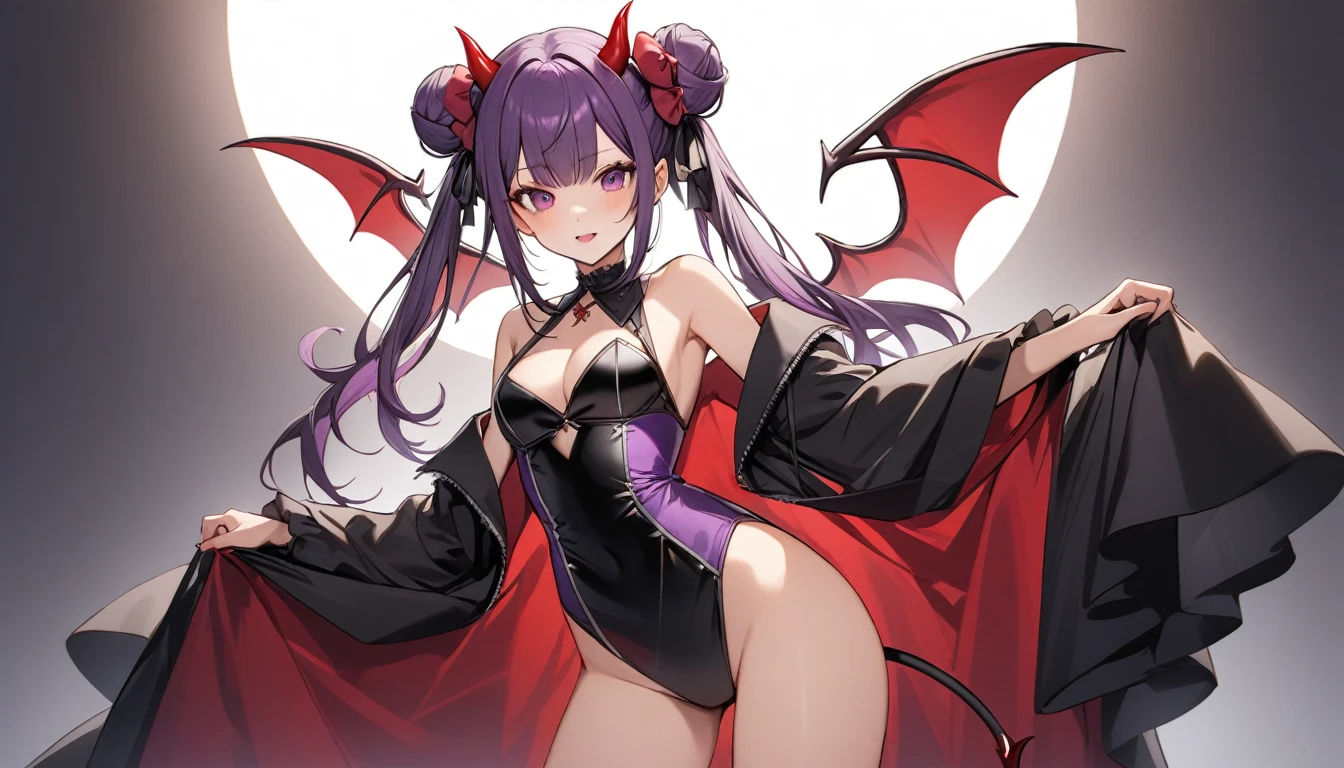 (Highest quality), One girl,Purple hair twin buns,Devil's Wings, Provocative, Big full moon and night sky
