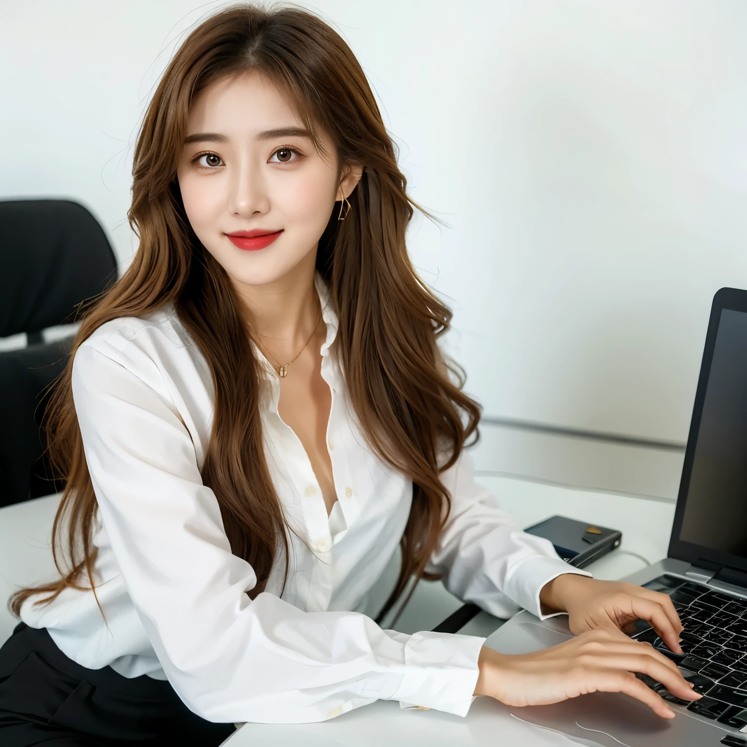 Create a high-quality, realistic image of Ms. Lyna, (1 girl ) a beautiful and youthful 27-year-old woman, working in a modern office. She is dressed in fashionable business attire, smiling as she works on a laptop with marketing documents on the desk