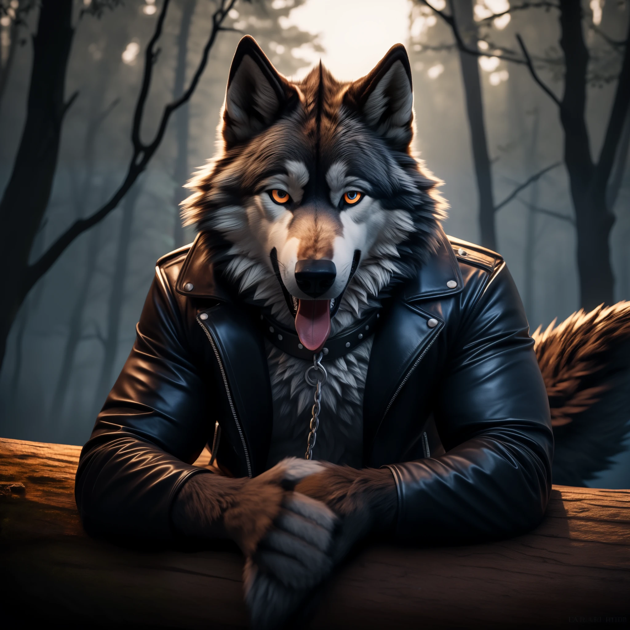 Sexy Posing, lying on log, Male, 30 years old, happy, mouth open with tongue hanging out, black leather jacket, anthro, wolf ears, (black fur:1.5), wolf, forest background, 8k, hi res, (best quality, masterpiece), (wolf tail:1.5), detailed fur, solo, looking at camera, night, leashing and collar,