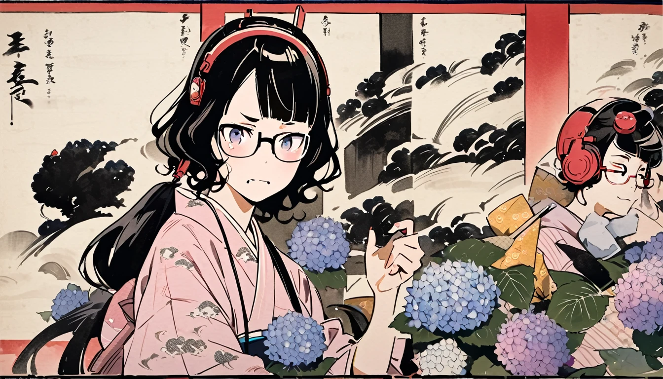 Highest quality, Katsushika Hokusai, Ink Painting, (((very straight longhair))), (((hydrangea))), (((Pale pink yukata))), (((Glasses))), headphone, beautiful girl, Black Hair, Delicate and precise, Modern ukiyo-e style, Crying face