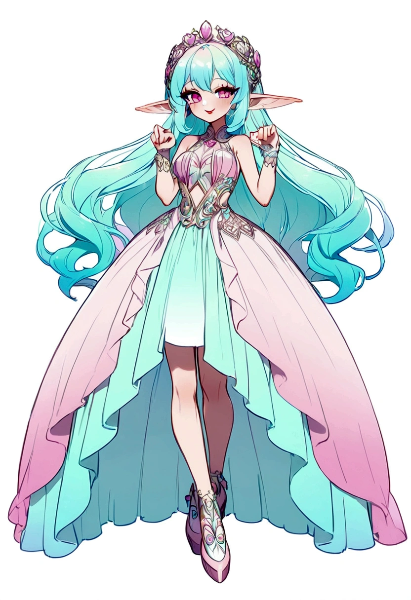 Elf ears. Smile. Full body. 30 years old. Full shot. Pastel colors. Pink eyes. Big pink eyes. Absurdly long cyan iridescent hair. Red lips. Amazing intricate finely detaile. Light pink and cyan cossak. Sleeveless top. Fairycore. Standing. Happy pose. Beautiful and fashion Make-up. Simple background. Defined lips. Blushing. Lovely. Korean manwha style.
