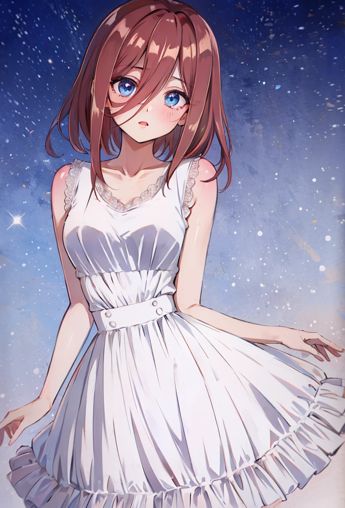 score_9, score_8_up, score_7_up, score_6_up, source anime, akihcipnxl, (1 girl) Sfw, Miku nakano, pretty teenage girl with fluffy long pink brown hair, heart shaped lips and blue eyes making a cute face, aamiku, Nakano Miku from The Quintessential Quintuplets, Miku Nakano, masterpiece, 4k, ultradetailed, cowboy shot, nakano Miku, pink red brown hair, blue eyes, sparkling eyes, night wear, white minimal simple nightwear matching set, white iridescent matching set, white satin and lace night vest, white satin and lace tank top with thin shoulder straps, white satin light night skirt, minimal outfit, simple outfit, all white outfit, full body, dynamic pose, moving, dynamism, hair between eyes, nightwear, starry sky behind her, night sky, pretty stars