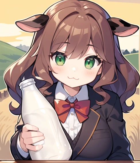Woman with green eyes and brown curly hair, wearing a red bowtie. :3, sexy. (Farm background), (front pov), (brow Cow features), (milk) (Milk bottle on hand).