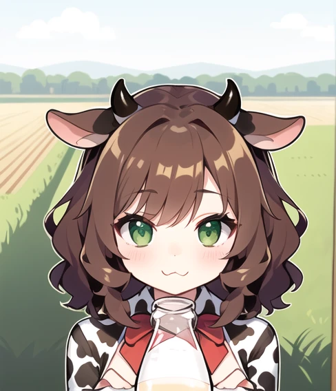 Woman with green eyes and brown curly hair, wearing a red bowtie. :3, sexy. (Farm background), (front pov), (brow Cow features), (milk) (Milk bottle on hand).