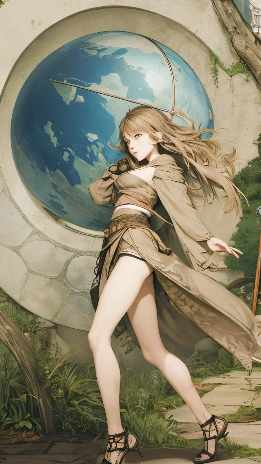 Arthur Rackham, Zdenko Bašić, Dave Petzold, Heikala, Surrealism, wonder, strange, fantastical, fantasy, Sci-fi, Japanese anime, falling feathers, giant globe, beautiful blonde miniskirt girl Alice taking a walk, perfect voluminous body, detailed masterpiece Hyper realistic shy fun happy embarrassing blushing coquettish real