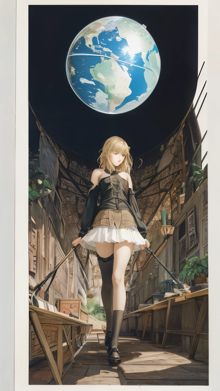 Arthur Rackham, Zdenko Bašić, Dave Petzold, Heikala, Surrealism, wonder, strange, fantastical, fantasy, Sci-fi, Japanese anime, falling feathers, giant globe, beautiful blonde miniskirt girl Alice taking a walk, perfect voluminous body, detailed masterpiece Hyper realistic shy fun happy embarrassing blushing coquettish real