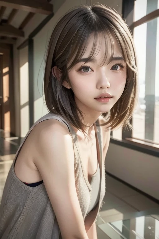 (masterpiece, Highest quality:1.2), One girl, alone,jpHere,One girl, 3d, artist name, Asian, Bare shoulders, Blur censorship, Blurred, Blurred background, Blurred foreground, Bokeh, chest, Brown eyes, chromatic aberration, cosplay photograph, Depth of written boundary, shape, Concentration, Jacket, lips, View your viewers, Moderate chest, Mole, Mole under mouth, Motion Blur, nose, parted lips, photograph \(Moderate\), photograph inset, photographRealistic, Realistic, Reference Insets, Selfie, short hair, alone, alone focus, photograph撮影, Tank top, teeth, Upper Body, Gray Hair