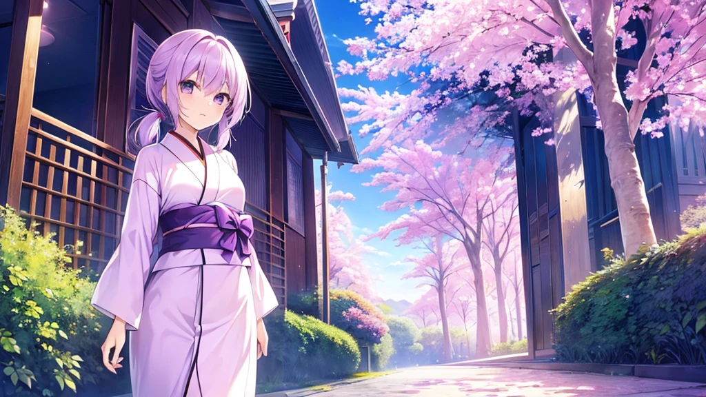 woman　clear　Light purple hair　　kimono　　Anime Style　wandering