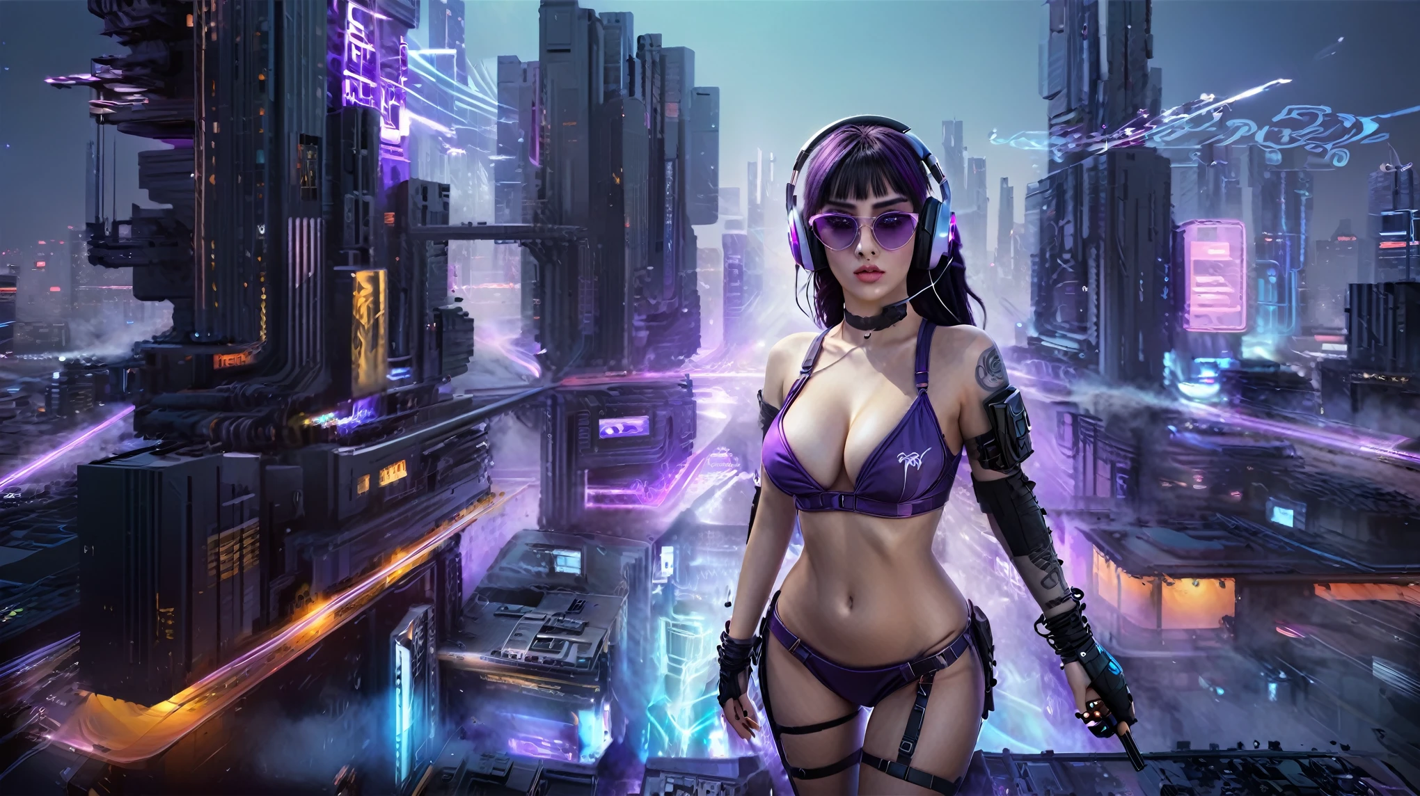 masterpiece, best quality, high resolution, 8k, (Portrait Photos:1.5), (R Original Photo), real picture, Digital Photography, (A fusion of cyberpunk and fantasy), 20 year old girl, solo, (((black sunglasses, headphone))), Feel free to hairstyle, Purple Eyes, By Bangs, (large breasts, cleavage, Accessories, Elegant and charming, Combination of cyberpunk and fantasy style clothing, Hollow carving design, Photo poses, Realistic style, (((((((pistol shooting pose))))))), oc render reflection texture, sentry, (((((Cyberpunk style future city, Moai shape buildings))))), night, Bustling streets, (((((half-body (thigh level) medium shot))))).