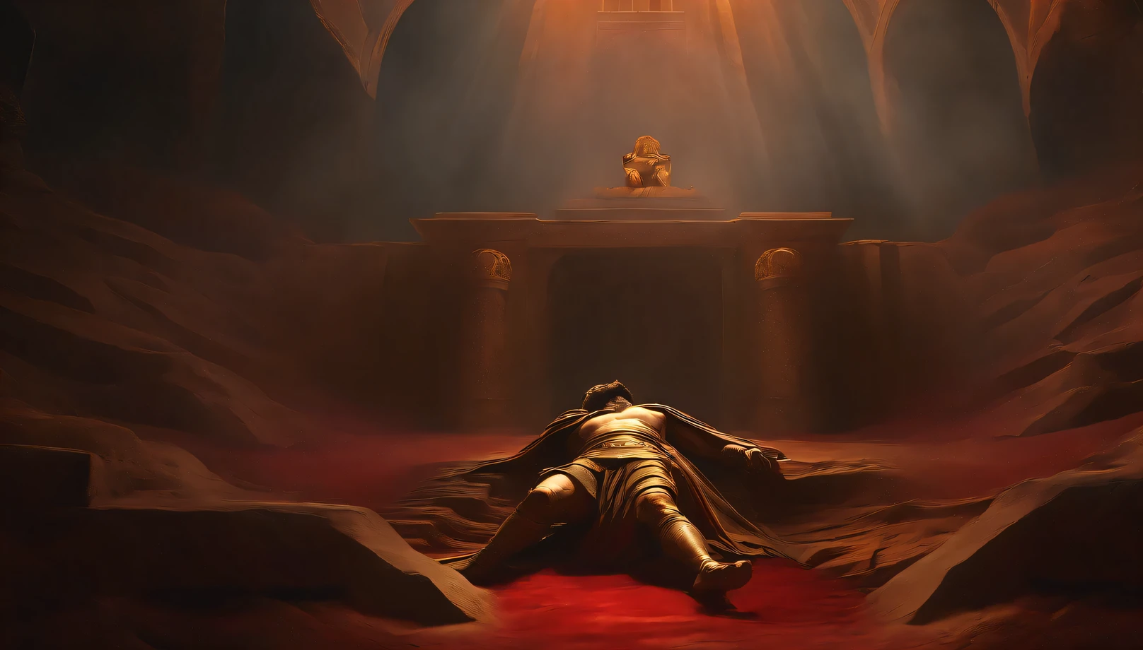 An image of King Darius in distress., unable to sleep, while Daniel lies in the hole.