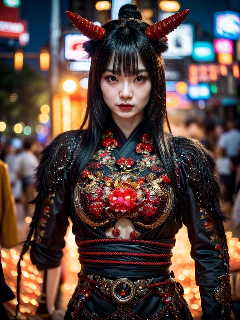 (masterpiece, cinematic photograph capturing the bustling streets of Shibuya, Japan, adorned with a procession of "oni" - traditional Japanese demons, parading through the night under the gaze of the intrigued crowd:1.3), (meticulously composed to convey the dynamic energy of the scene and the mystique of the "oni" creatures:1.2), (the intricate details of the "oni" costumes and the expressions of the people in the crowd adding depth to the visual narrative:1.1), (meticulous attention given to the neon-lit surroundings and the vivid contrast between the "oni" and the modern cityscape:1.1), (the chosen camera, a Canon EOS 5D Mark IV, renowned for its low-light performance, effectively capturing the vibrant atmosphere of the scene:1.1), (paired with a Canon EF 24-70mm f/2.8L II USM lens, allowing for versatility and sharpness in the wide-angle composition:1.1), (a portrayal that evokes a sense of enchantment and cultural fusion in the heart of a bustling city:1.1), (an image that invites viewers to immerse themselves in the urban fantasy and explore the intersection of tradition and modernity:1.1), (an artwork that encapsulates the vibrant nightlife of Shibuya and the captivating allure of the "oni" parade:1.1), (an invitation to witness a unique blend of myth and reality, captured in a cinematic frame:1.1), (a photographic journey that transports the audience to the lively streets of Tokyo's most iconic district:1.1)), Cinematic, Hyper-detailed, insane details, Beautifully color graded, Unreal Engine, DOF, Super-Resolution, Megapixel, Cinematic Lightning, Anti-Aliasing, FKAA, TXAA, RTX, SSAO, Post Processing, Post Production, Tone Mapping, CGI, VFX, SFX, Insanely detailed and intricate, Hyper maximalist, Hyper realistic, Volumetric, Photorealistic, ultra photoreal, ultra-detailed, intricate details, Super detailed, Full color, Volumetric lightning, HDR, Realistic, Unreal Engine, 16K, Sharp focus, Octane render