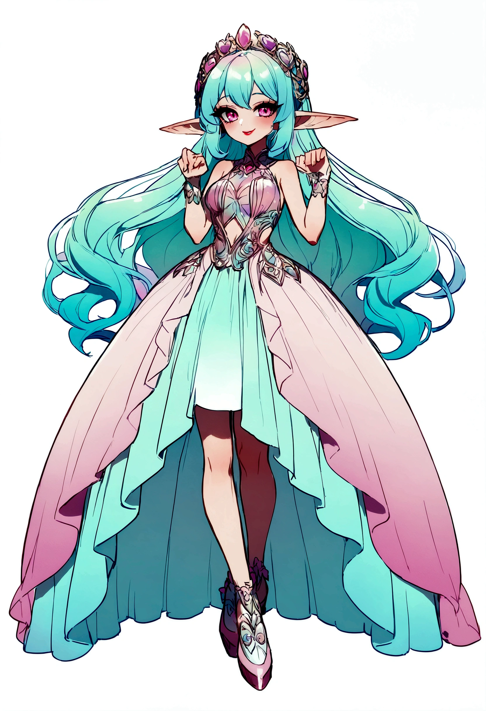 Elf ears. Smile. Full body. 30 years old. Full shot. Pastel colors. Pink eyes. Big pink eyes. Absurdly long cyan iridescent hair. Red lips. Amazing intricate finely detaile. Light pink and cyan cossak. Sleeveless top. Fairycore. Standing. Happy pose. Beautiful and fashion Make-up. Simple background. Defined lips. Blushing. Lovely. Korean manwha style.