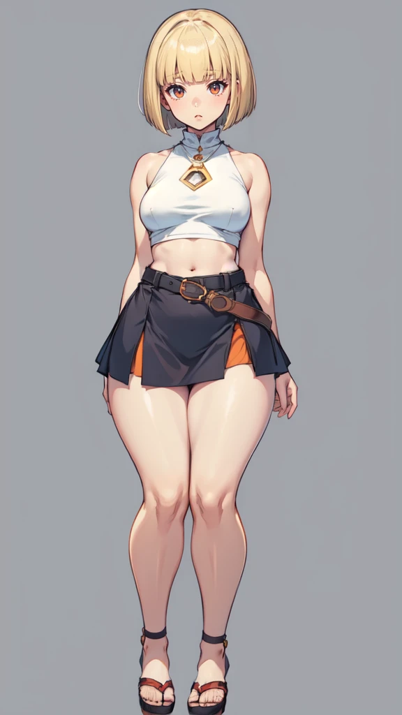 blank background, (((full body))), (masterpiece), ((best quality)), (very short girl), flat ?????, blunt bangs, bobcut, (wide ????:1.4), (thick thighs:1.4), (very short skirt), sandals, belt below navel, fanny packs, blonde, (wide calves:1.5)