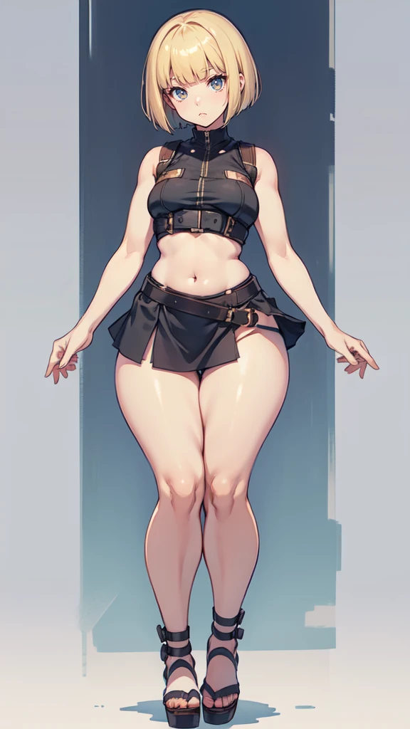 blank background, (((full body))), (masterpiece), ((best quality)), (very short girl), flat ?????, blunt bangs, bobcut, (wide ????:1.4), (thick thighs:1.4), (very short skirt), sandals, belt below navel, fanny packs, blonde, (wide calves:1.5)
