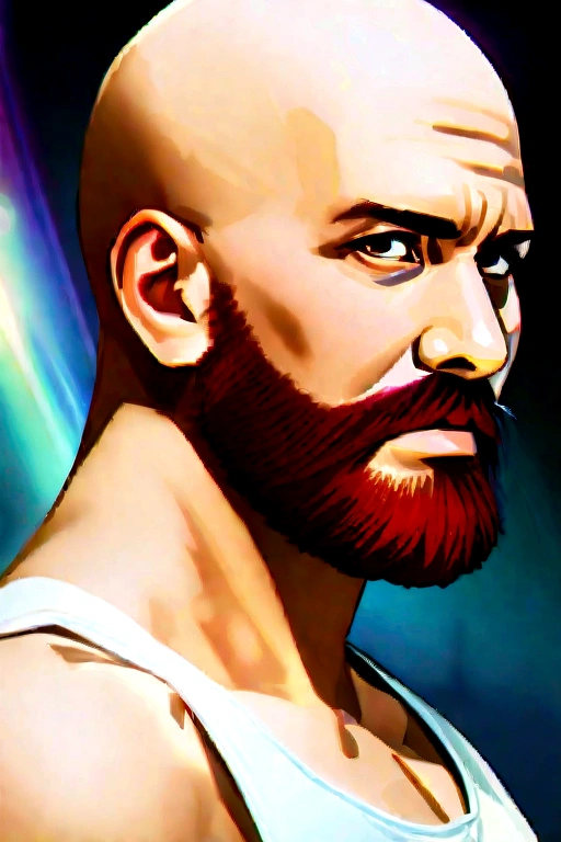 Create a realistic 8k high definition GTA6 effect image of a bald man with a red beard and a white tank top with light blue shorts, Predominant colors are light blue, white and black