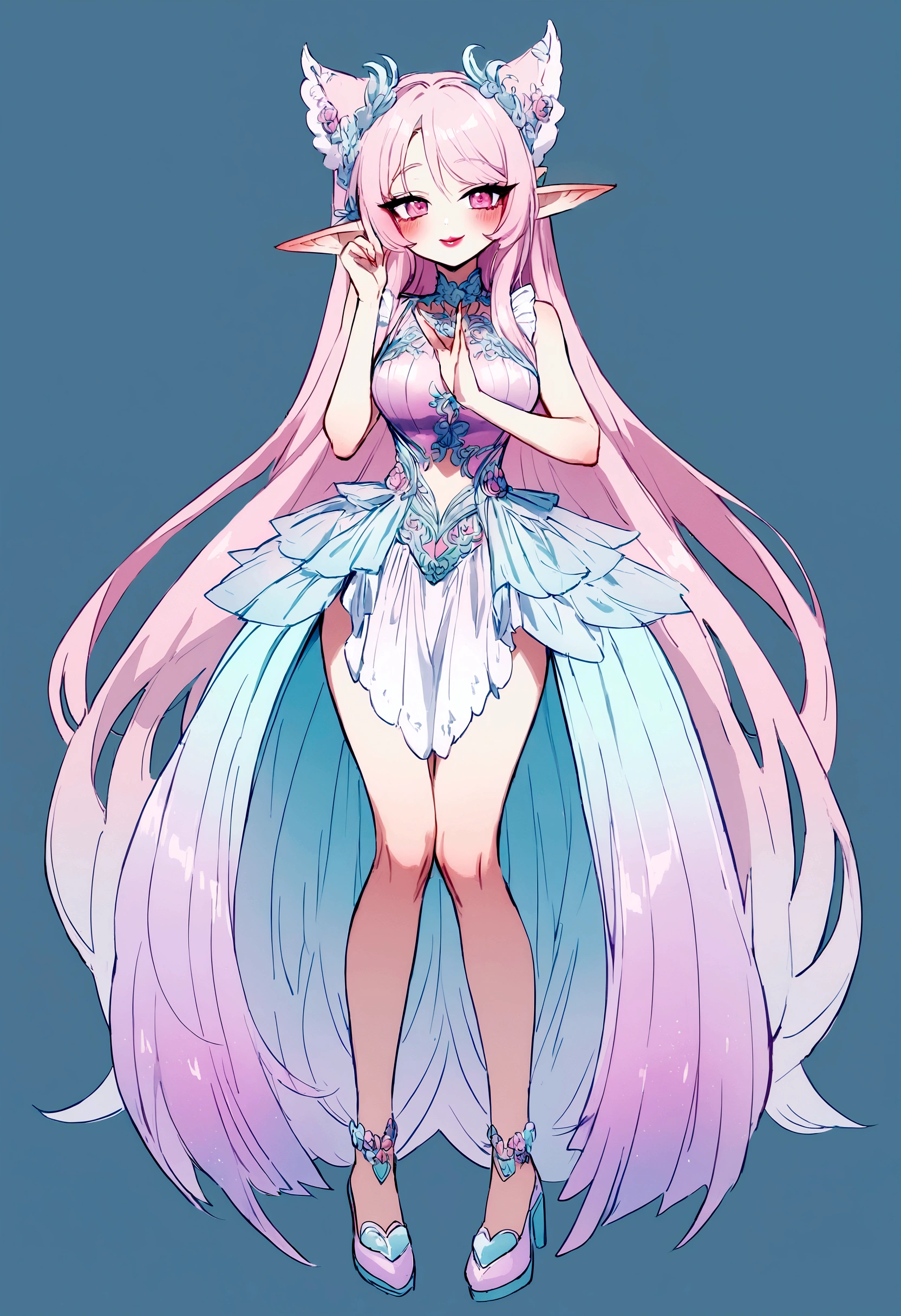 Elf ears. Smile. Full body. 30 years old. Full shot. Pastel colors. Pink eyes. Big pink eyes. Absurdly long cyan iridescent hair. Red lips. Amazing intricate finely detaile. Light pink and cyan cossak. Sleeveless top. Fairycore. Standing. Happy pose. Beautiful and fashion Make-up. Simple background. Defined lips. Blushing. Lovely. Korean manwha style.