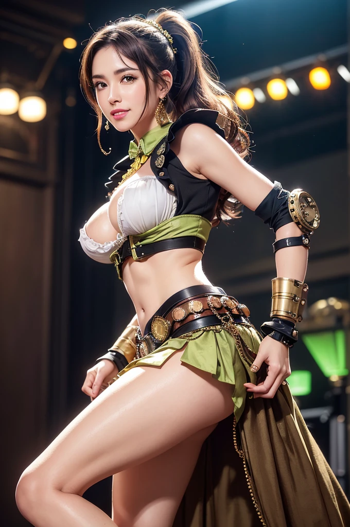 Woman portrait、Highest quality、Rear view、8K, clear, Fine skin、Clear, beautiful eyes、Cleavage、whole body、The beauty of a smile、Curly Hair、My hair was messed up by the wind、(Glamorous Muscle、tall),(Hip_superior, Hip superior), Mature Woman,( Watching the audience),Realistic, High resolution, Soft Light,1 female, One person, Perfect Style, Perfect balance,(Brown hair),ponytail,Fine Skin, Naughty look,((Steampunk bellydancer、Gal)),(Steampunk Japanese Clothes,Steampunk dirndl,Yellow-green steampunk collared sailor suit),(White steampunk steampunk gothic ta, High-tech Mecha,Beautiful steampunk cyborg woman on white,Steampunk Mecha Cyborg Girl,Steampunk lime green bellydancer,beads,wrist cuffs,High leg,Lavish decoration),((arms behind back)),(bokeh),(studio lighting)