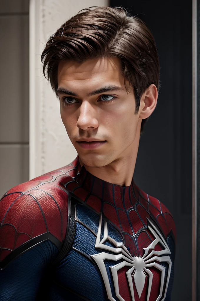 A photograph of spider man, no mask, 20 yo, handsome, detailed face, looking at camera, portrait, 8k uhd, high quality