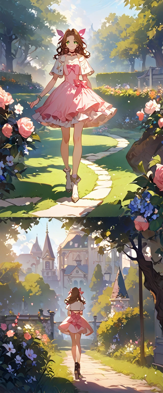 masterpiece, best quality, 8k, 4k, 1girl, aerith gainsborough, brown hair, curled, long hair, green eyes, hair ribbon, bolero jacket, cropped jacket, bow, choker, long pink dress, pink bow, boots, bangles, walking in a garden, flowers, detailed background,, inspired by Asukaziye artist : ask, art style : ask