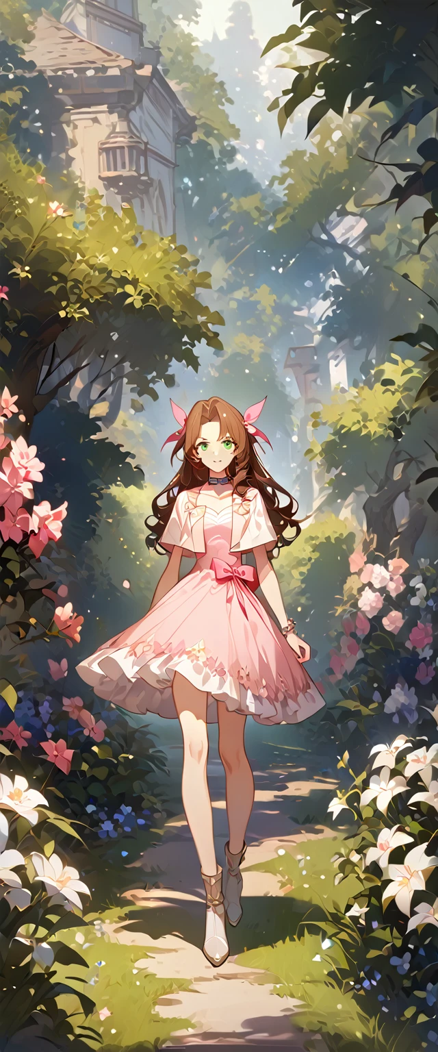 masterpiece, best quality, 8k, 4k, 1girl, aerith gainsborough, brown hair, curled, long hair, green eyes, hair ribbon, bolero jacket, cropped jacket, bow, choker, long pink dress, pink bow, boots, bangles, walking in a garden, flowers, detailed background,, inspired by Asukaziye artist : ask, art style : ask