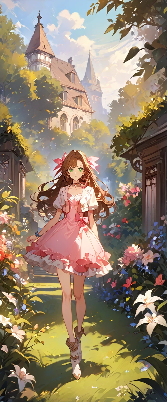 masterpiece, best quality, 8k, 4k, 1girl, aerith gainsborough, brown hair, curled, long hair, green eyes, hair ribbon, bolero jacket, cropped jacket, bow, choker, long pink dress, pink bow, boots, bangles, walking in a garden, flowers, detailed background,, inspired by Asukaziye artist : ask, art style : ask