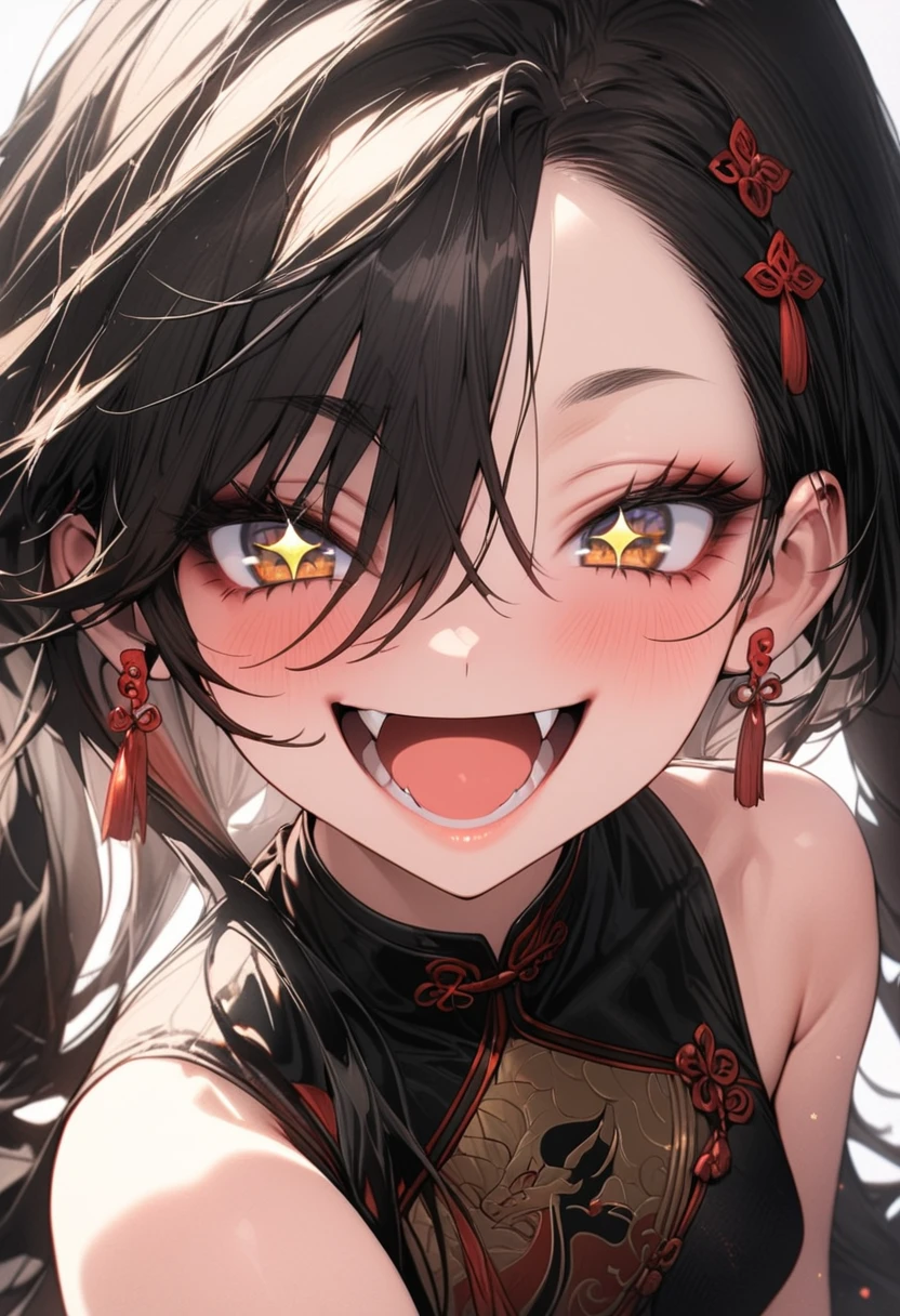 masterpiece, best quality, 16K, absurdres, insanely detailed, aethetic, warrior, Chinese Zodiac, Chinese style, Torso shot, fang, short eyebrows, sparkling eyes, round eyebrows, 1girl, most beautiful korean girl, stunningly beautiful girl, gorgeous girl, 20yo, over sized eyes, big eyes, smiling,