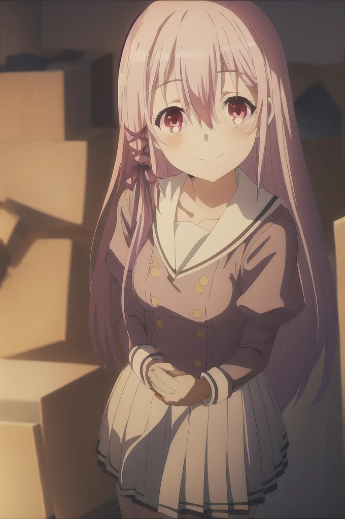 A woman, Kisara, in the kitchen, leaning forward with her hands behind her back, looking at the viewer with a charmingly shy, smiling gaze.