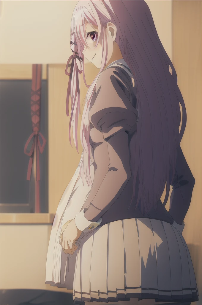 A woman, Kisara, in the kitchen, leaning forward with her hands behind her back, looking at the viewer with a charmingly shy, smiling gaze.
