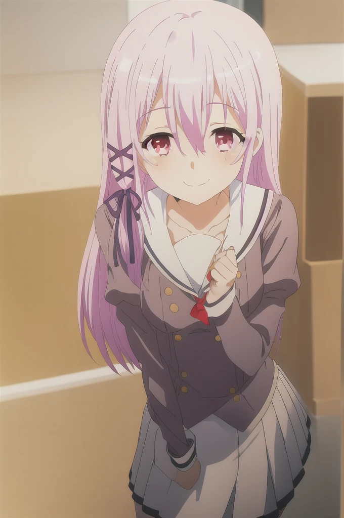 A woman, Kisara, in the kitchen, leaning forward with her hands behind her back, looking at the viewer with a charmingly shy, smiling gaze.