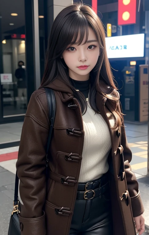 masterpiece, 1 beautiful girl, detailed, swollen eyes, Top quality, 超high resolution, (Reality: 1.4), original photo, 1 Girl, light, (a smile,:0.5) Japanese, Asian Beauty, Korean, appropriate, Very extremely beautiful, Slightly younger face, Beautiful Skin, slim, Cyberpunk Background, (超Reality主义), (Implications), (high resolution), (8K), (非常detailed), (The best Implicationsns), (Beautifully detailed eyes), (超detailed), (wallpaper), (detailed的脸), Looking at the audience, fine, Delicate face、Deep Shadows、Unobtrusive、Purebred face_v1、Side bangs、Face straight ahead、(Dark red high-neck low-cut knit top), Gold Buckle Belt, Black leather pants, ((Dark Brown Duffle Coat)),、Black eyes、