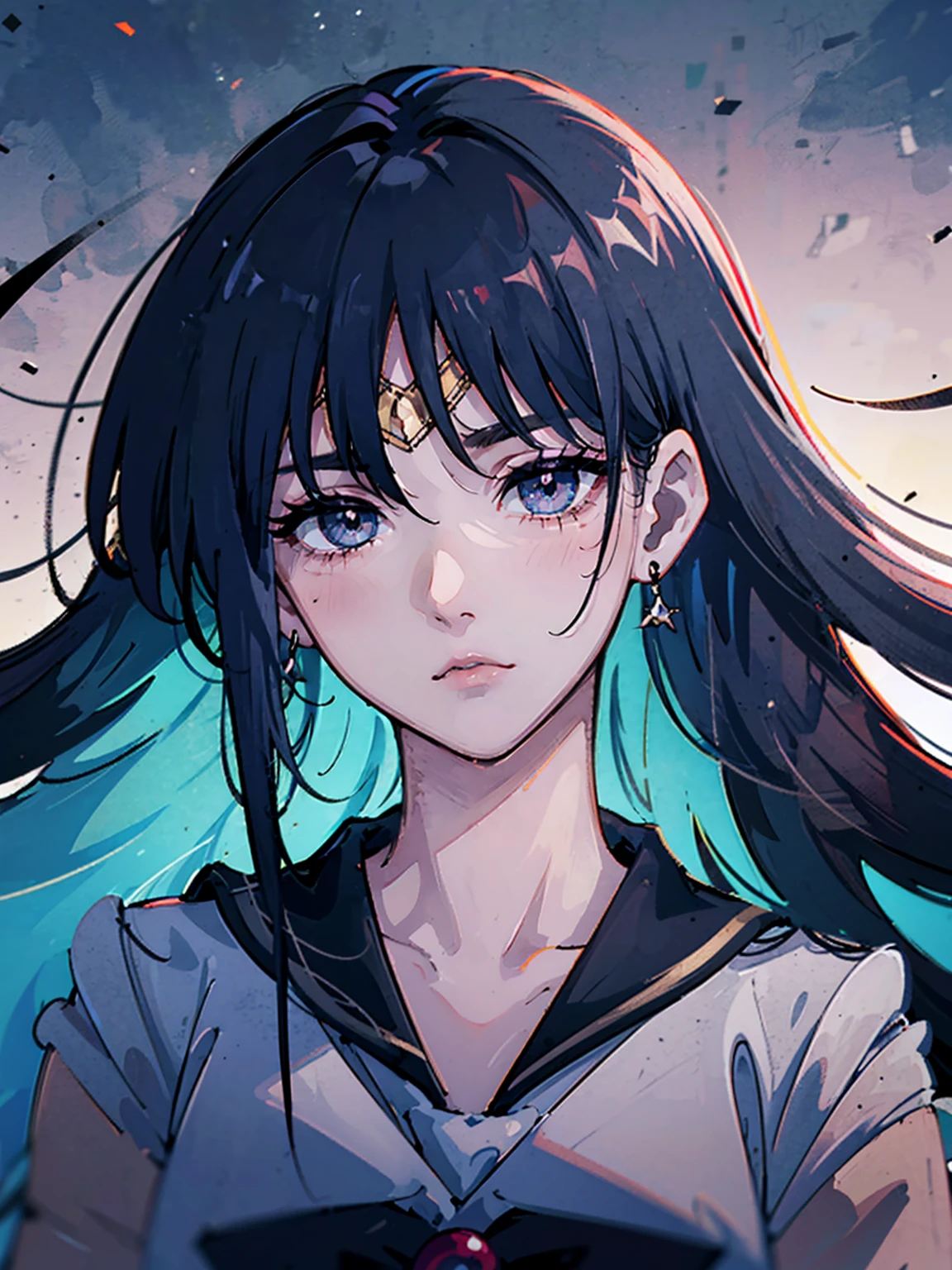 dark, masterpiece, Highest quality, 8K、Sailor Mars, (Unhealthy face:1.9, Dark Eyes:1.5, Dark circles under the eyes, Yandere:1.5, Unhappy face, Lifeless face), Long hair in the eyes, Long Bangs, Eyes through the bangs, Big eyes, Turquoise Eyes, Bust Shot, Dark atmosphere